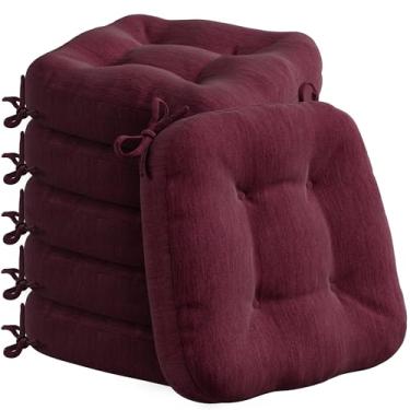 Imagem de Codi Almofadas para cadeira de jantar, pacote com 6, almofadas grossas para sala de cozinha interna - lavável, almofada de assento antiderrapante com laços, 42 x 42 x 9 cm, conjunto com 6, vinho novo