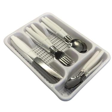 Imagem de Jogo de Faqueiro 25 Peças com Porta Talher, Aço Inox, Branco, 6 Pessoas, 06 Colheres de Mesa, 06 Garfos, 06 Facas, 06 Colheres Sobremesa