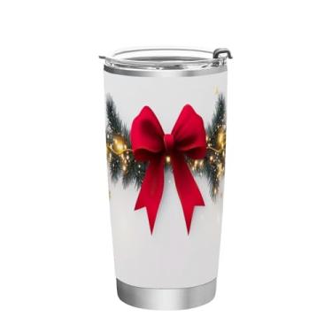 Imagem de Wassud Guirlanda de Natal com laço vermelho copo com tampa e canudo aço inoxidável parede dupla copo isolado copo de viagem caneca de café para bebidas frias e quentes 590 ml
