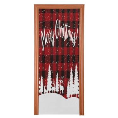 Imagem de Qilmy Floco de neve vermelho preto padrão de grade de búfalo decoração de porta 91 x 248 cm tecido grande decoração de festa de feriado sinal para porta da frente varanda decoração ao ar livre janela