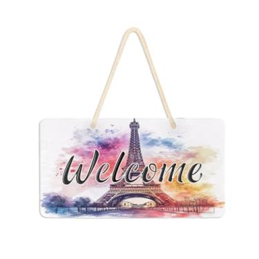 Imagem de Burbuja Placa de boas-vindas da Torre Eiffel em aquarela para porta da frente, placa de boas-vindas de PVC para decoração de férias de casa de fazenda, 15 x 28 cm