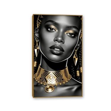 Imagem de SDYJ6GSW Arte de parede em tela de mulher afro-americana em ouro preto com estampa de pôsteres de fotos de meninas negras decoração de parede para quarto, sala de estar, decoração de casa, 50 x 85 cm