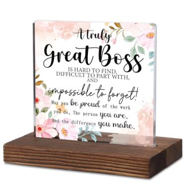 Imagem de Presente de agradecimento do chefe "A Truly Great Boss Is Hard to Find" Placa de mesa de acrílico floral com base de madeira rústica, reconhecimento de aniversário de aposentadoria promoção de