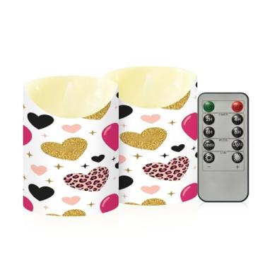 Imagem de Wassud Pacote com 2 velas sem chama de corações com estampa de leopardo com controle remoto, velas realistas cintilantes com temporizador, velas decorativas para Natal, casamento, festa, decoração de
