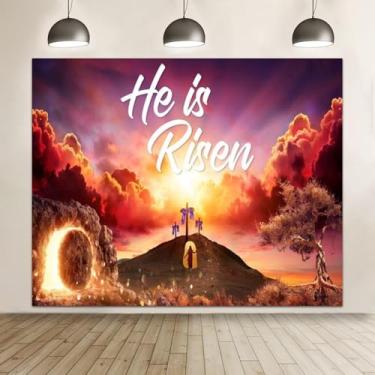 Imagem de ChloropLastid Pano de fundo Easter He is Risen, 3 x 2,4 m, cruz de pedra vazia, cores pastel (rosa, roxo, branco), material de vinil, cuidado com limpeza de manchas