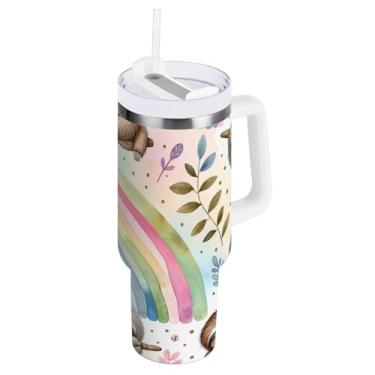 Imagem de WELLDAY Copo de 1,134 g com alça e tampa de canudo | Caneca de viagem reutilizável com isolamento térmico de preguiça fofa de aço inoxidável, mantém frio por 34 horas ou quente por 10 horas