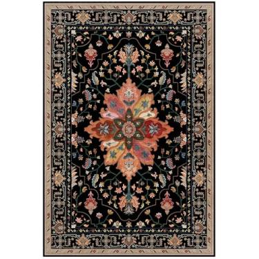 Imagem de RELEANY Tapetes quadrados de 1,2 m, lavável, antiderrapante, floral, vintage, estampado, medalhão, para sala de estar, quarto, sala de jantar, preto, colorido, floral, castanho-escuro