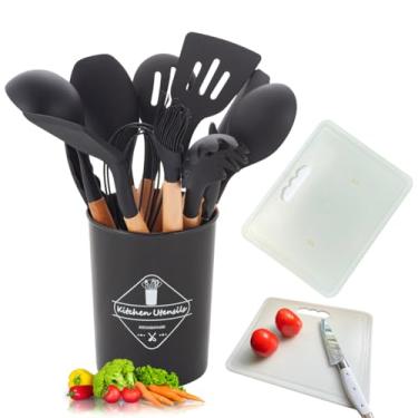 Imagem de Kit Jogo Utensílios de Cozinha 12 Peças em Silicone com Cabo de Madeira + Tábua de Corte Legumes Carnes Frutas – Colher Espátula Concha Fouet Pegador – Resistentes ao Calor