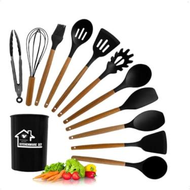 Imagem de Jogo 12 Peças Utensílios Silicone Colher Espátula Concha kit Esumadeira Pegador Fuê Baterdor Copo para Armazenamnto Cabo Madeira Pincel