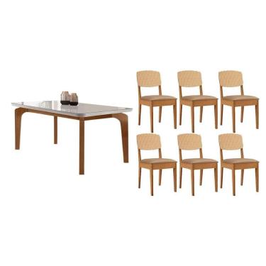 Imagem de Sala Jantar Mesa Londrina Tampo c/ Vidro Curvo 180cm+6 Cadeiras Havana Naturale/Off White - Linho Bege - Rufato