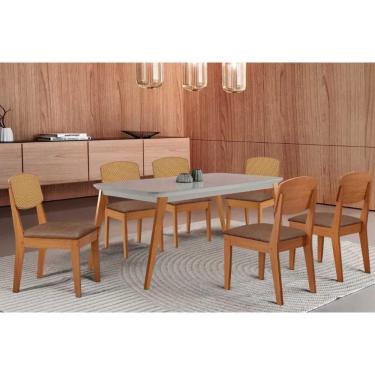 Imagem de Sala Jantar Mesa Havana Tampo c/ Vidro Curvo 180cm+6 Cadeiras Havana Naturale/Off White - Linho Capuccino - Rufato