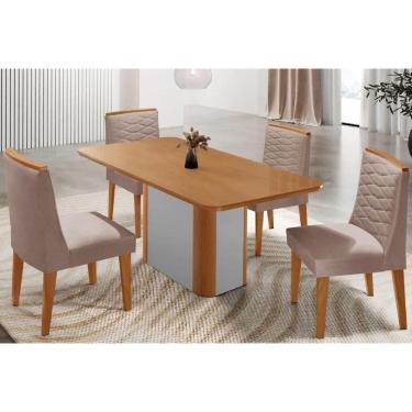 Imagem de Sala Jantar Mesa Pietá Tampo Curvo 120cm+4 Cadeiras Maldivas Madeira Naturale/Off White - Capuccino/Linho Capuccino - Rufato