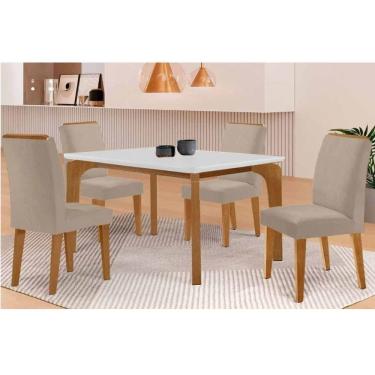 Imagem de Sala Jantar Mesa Londrina Tampo c/ Vidro Curvo 120cm 4 Cadeiras Dakota Madeira Naturale/Off White - Capuccino/Corano Capuccino - Rufato