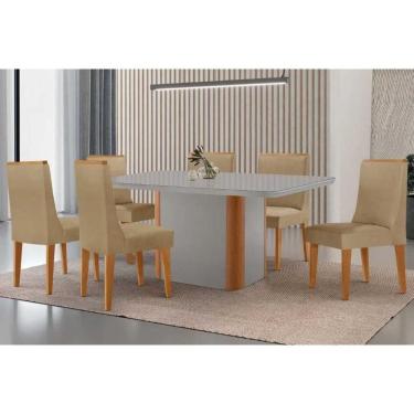 Imagem de Sala Jantar Mesa Pietá Tampo c/ Vidro Curvo 180cm+6 Cadeiras Dakota Naturale/Off White - Linho Bege - Rufato