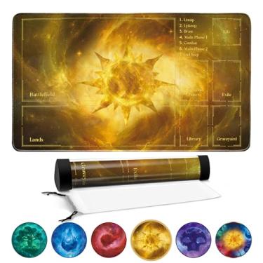 Imagem de FROGIGO Stellar Plains Playmat for MTG – 24"x14" Golden Sun Galaxy Game Mat with Play Zones & Prismatic Playmat Tube, Non-Slip Table Mat for Magic The Gathering