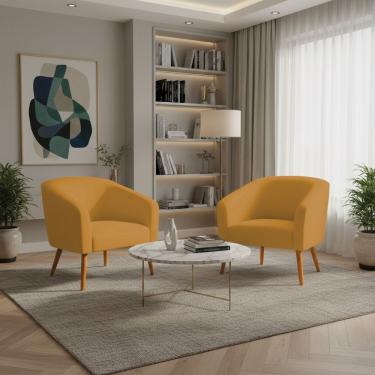 Imagem de Poltrona Sala Decorativa Kit 2 Stella Pé Palito Castanho Veludo Mostarda D03 - D'rossi