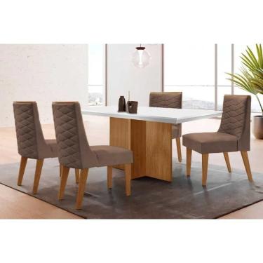 Imagem de Conjunto Sala de Jantar Berlim c/ Tampo Madeirado c/ Vidro Canto Curvo 90x90cm e 4 Cadeiras Dafne Madeira Maciça Naturale/Off White - Capuccino/Corano
