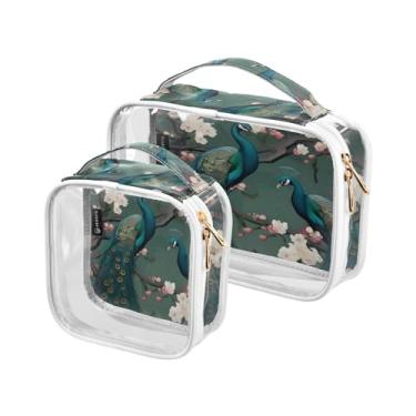 Imagem de GAIGEO Conjunto de bolsa de maquiagem transparente para neve azul com árvore de Natal e flocos de neve, bolsa transparente para viagem, aprovada pela Tsa, pacote com 2, Belos pavões em ramos com