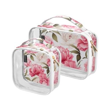 Imagem de GAIGEO Conjunto de bolsas de cosméticos transparentes de bolas esportivas, bolsa de cosméticos transparente, acessórios de viagem para cosméticos, pacote com 2, Flor de peônia rosa - 2, one size