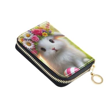Imagem de Coelhinho da Páscoa bonito coelho branco carteira feminina pequena bloqueio RFID porta-cartões de crédito bolsa de moedas de couro com zíper com chaveiro