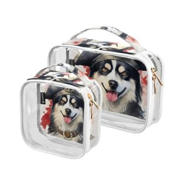 Imagem de GAIGEO River was Recently Repainted Bolsa de maquiagem transparente para viagem, bolsa de maquiagem para carro, bolsa de viagem de higiene para mulheres, pacote com 2, Husky com um chapéu de pirata