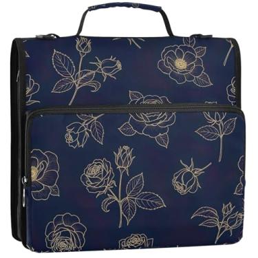 Imagem de Organizador de fichário com zíper e folhas de flores de rosa marinho profundo de 3 anéis, bolsa de fichários escolares resistentes com alça de ombro, portfólio e estojo para pasta de anel, 34,5 x 31,5