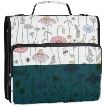 Imagem de Organizador de fichário com zíper, flores silvestres, flores de jardim, pastel, 3 anéis, 3 anéis, bolsa básica para fichário do ensino médio com alça portfólio e estojo para pasta de anéis, 34,5 x