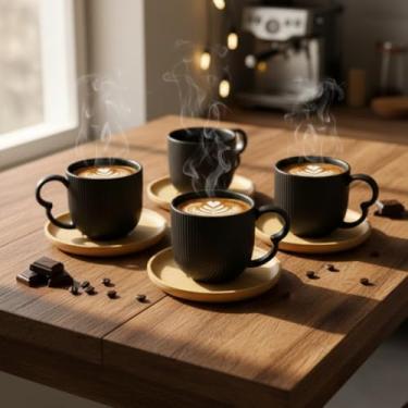 Imagem de Kit Cantinho do Café Premium com Bandeja Espelhada, Xícaras de Cerâmica Preta e Detalhes em Bambu – Elegante e Decorativo(Conjunto 4 Xicaras)