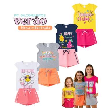 Imagem de Kit 4 Conjuntos Verão Infantil Juvenil Feminino Blusinha Neon e Shorts