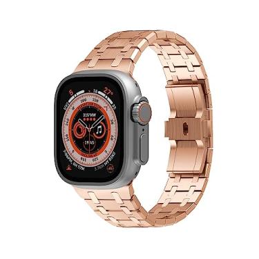 Imagem de FULNES Pulseira robusta integrada de aço inoxidável, para Apple Watch Ultra 8, 7, 6, 5, 4 e SE, série 49/44/45/42 mm, masculina e feminina, acessórios de substituição de pulso (ouro rosa B, 44 mm)