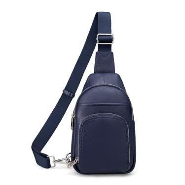 Imagem de befen Bolsa tiracolo pequena de couro genuíno para mulheres, pochete antirroubo, bolsa de peito com carteira RFID embutida, Azul marinho