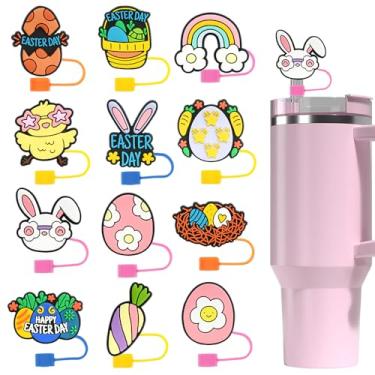 Imagem de 12 tampas de cobertura de palha de páscoa para 30 copos de 1,134 g copos de copos fofos design de ovos de coelho topo de palha 10 mm canudos de silicone tampas protetor de copos acessórios