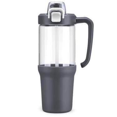 Imagem de HYDRAGLAZIC Copo de vidro de 946 ml com alça, canudo 2 em 1 e bico de gole, à prova de vazamento, garrafa de água de vidro sem BPA para esportes, escritório, escola, cinza