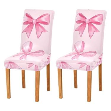 Imagem de SEHANY Conjunto de 4 capas de cadeira com laço de bolinhas rosa para sala de jantar, elástico, removível e lavável, para cozinha, hotel, festa, Natal