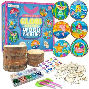 Imagem de klmars Kit de pintura de madeira com tema de sereia, presentes de artes e artesanato para crianças, meninas de 6 a 12 anos, kits de atividades artesanais em fatias de madeira - Brinquedos de arte de