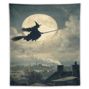 Imagem de Tapeçaria vintage de Halloween bruxa na vassoura lua cheia horizonte assustador decoração de parede sala de estar quarto decoração de casa exclusivo pendurado têxtil 127 x 152 cm tapeçaria