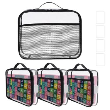 Imagem de Pacote com 4 sacos de armazenamento para brinquedos, organizador de PVC transparente com zíper, grandes sacos reutilizáveis à prova d'água com etiqueta de nome, bolso manual, organizadores de
