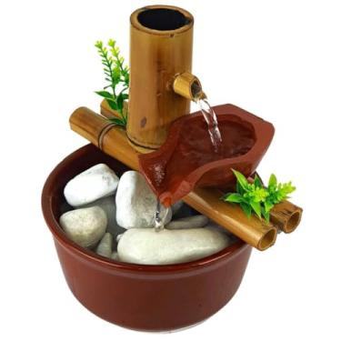 Imagem de Fonte de Mesa de Bambu 19cm – 2 Quedas Cascata de Água Decorativa, Ideal para Sala, Escritório e Ambientes Naturais