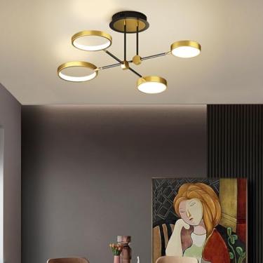 Imagem de Lustre de teto LED moderno para sala de estar, modelo redondo, com 4 lâmpadas, temperatura de cor ajustável de 3000 K a 6500 K, controle remoto e iluminação regulável. Ideal para quartos e r