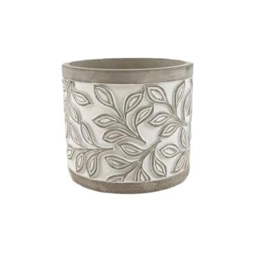 Imagem de KEG801302 Vaso de flores cilíndrico com padrão de folha cinza em relevo, com orifício de drenagem, vaso de flores de cimento para decorar varanda, sala de estar, cozinha (3 tamanhos), vaso (grande)