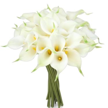 Imagem de HCTCPALS 24 peças de flores artificiais brancas falsas flores de seda lírio Calla toque real para casamento, escritório, casa, decoração de cozinha (branca)
