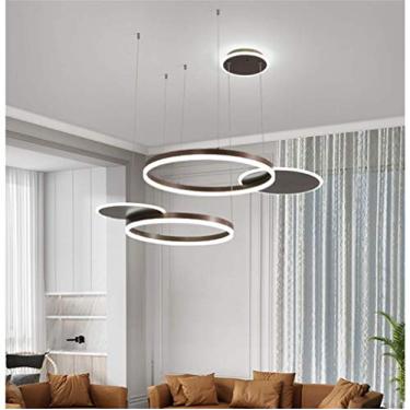Imagem de Luminária de mesa de jantar LED, pendente moderna, dimerizável, com altura ajustável, design de 5 anéis, lustre de metal e acrílico, para sala de estar, cozinha e sala de jantar, marrom, 100