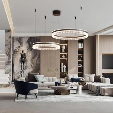 Imagem de Lustre LED para sala de estar, luminária pendente grande e moderna, dimerizável com controle remoto, luminária de teto criativa para mesa de jantar, luminária redonda de alumínio marrom com