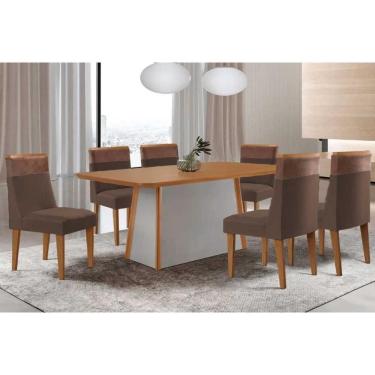 Imagem de Mesa Cozinha Tilia c/ Tampo Madeirado Canto Curvo 180x90cm e 6 Cadeiras Jaspe Madeira Maciça Naturale/Off White - Capuccino/Suede Marrom-Rufato