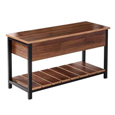 Imagem de Banco de entrada moderno com armazenamento flip top, sapateira rústica de madeira marrom e metal, assento de corredor elegante para porta da frente, solução de armazenamento de entrada que economiza