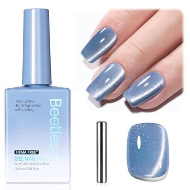 Imagem de Esmalte de unhas Beetles Glacial Sigh Blue Cat Eye Gel – Esmalte de gel olho de gato azul vítreo de 15 ml com ímã de imersão de veludo UV para salão de beleza DIY Manicure Presente de Natal de inverno