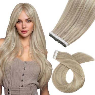 Imagem de Moresoo Extensões de cabelo 100 g com fita adesiva de cabelo humano loiro platinado liso em extensões para mulheres, 40 peças, cola loira acinzentada em extensões de cabelo humano, 40 cm, cor #18/613