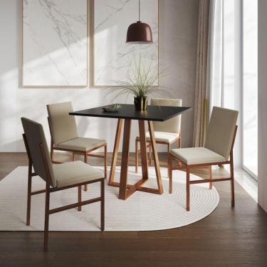 Imagem de Conjunto De Jantar Mesa Mônaco 90cm Tampo Preto Com 4 Cadeiras Bege Base Cobre Preto