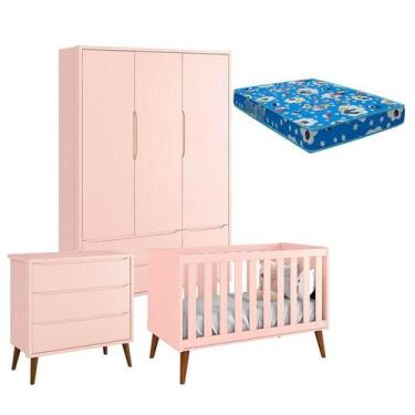 Imagem de Quarto de Bebê Theo 3 Portas com Colchão e Cômoda Gaveteiro Rosa Pés A