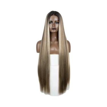 Imagem de Peruca Sintética Longa E Lisa Com Renda Frontal, Destaques Em Castanho